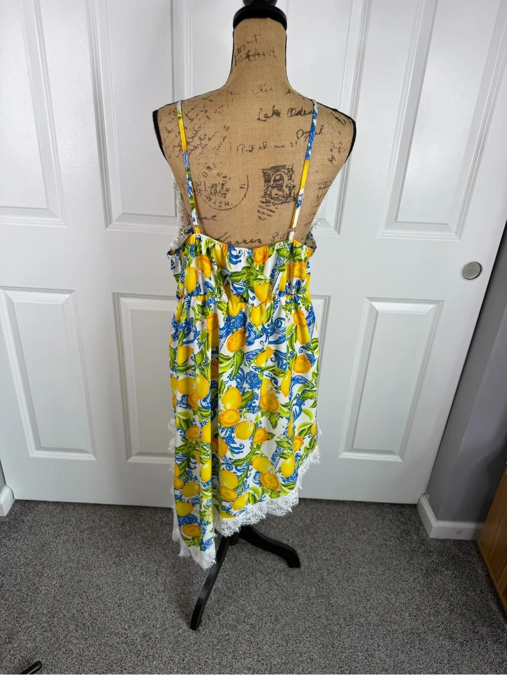 Boutique Lemon Print Lace Midi Dress XL Mediterranean Summer Cottagecore NWOT